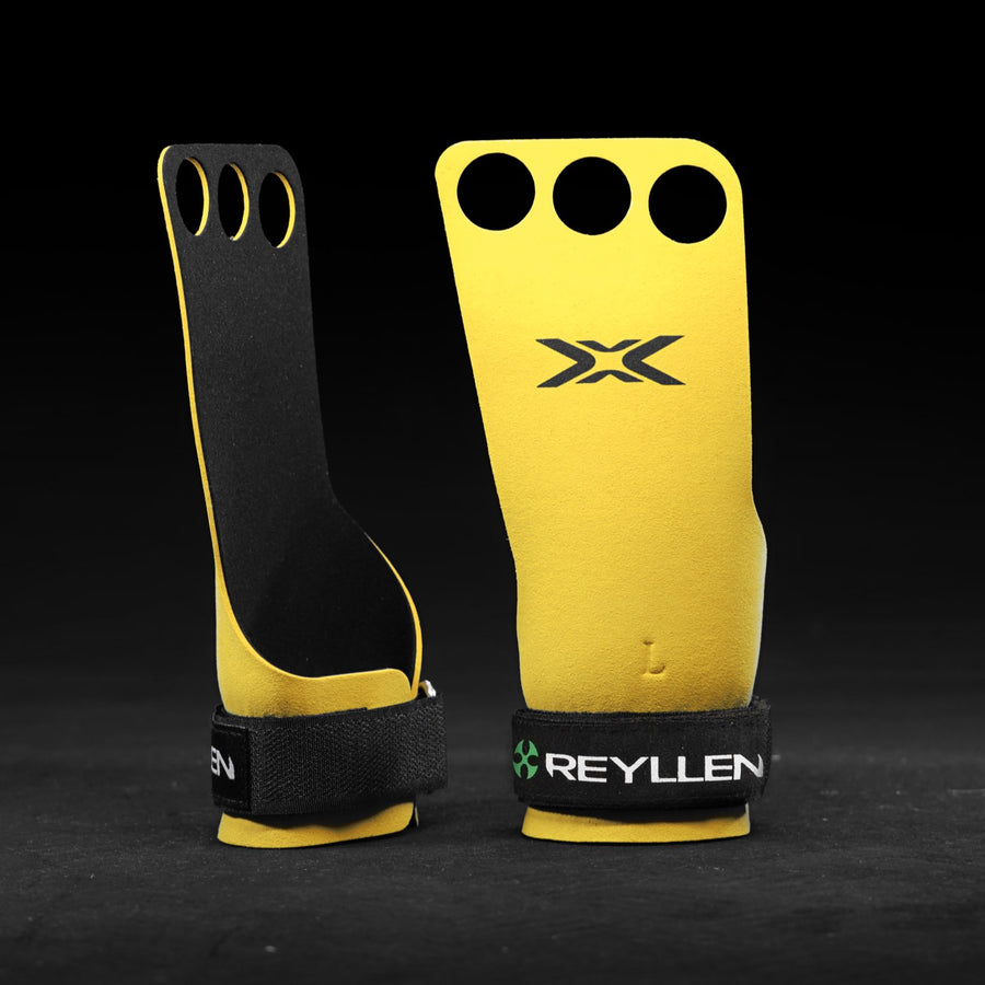 Reyllen BumbleBee X3 3-hole CrossFit Gymnastic Hand Grips pair front black background profile