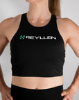 reyllen ladies racerback train top with built in bra black front view worn by woman