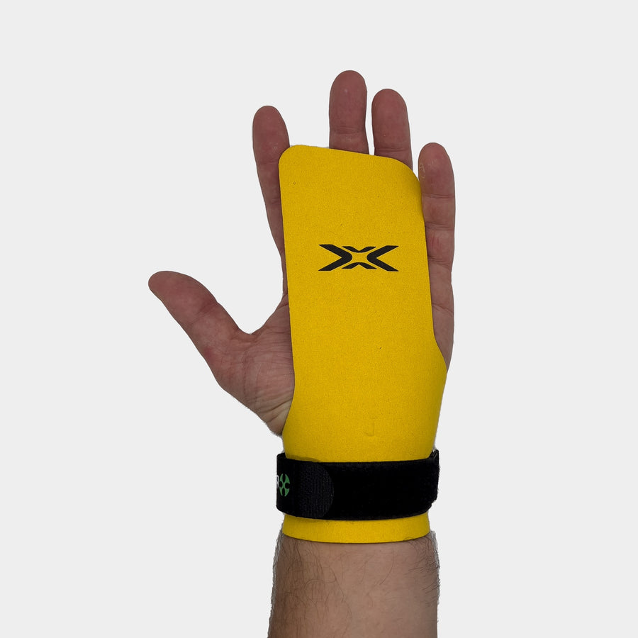 Reyllen BumbleBee X3 Fingerless CrossFit Gymnastic Hand Pull Up Grips worn on hand single view