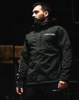 Reyllen Soft Shell Jacket Unisex Polyester Fleece Hood worn by man bottom up view