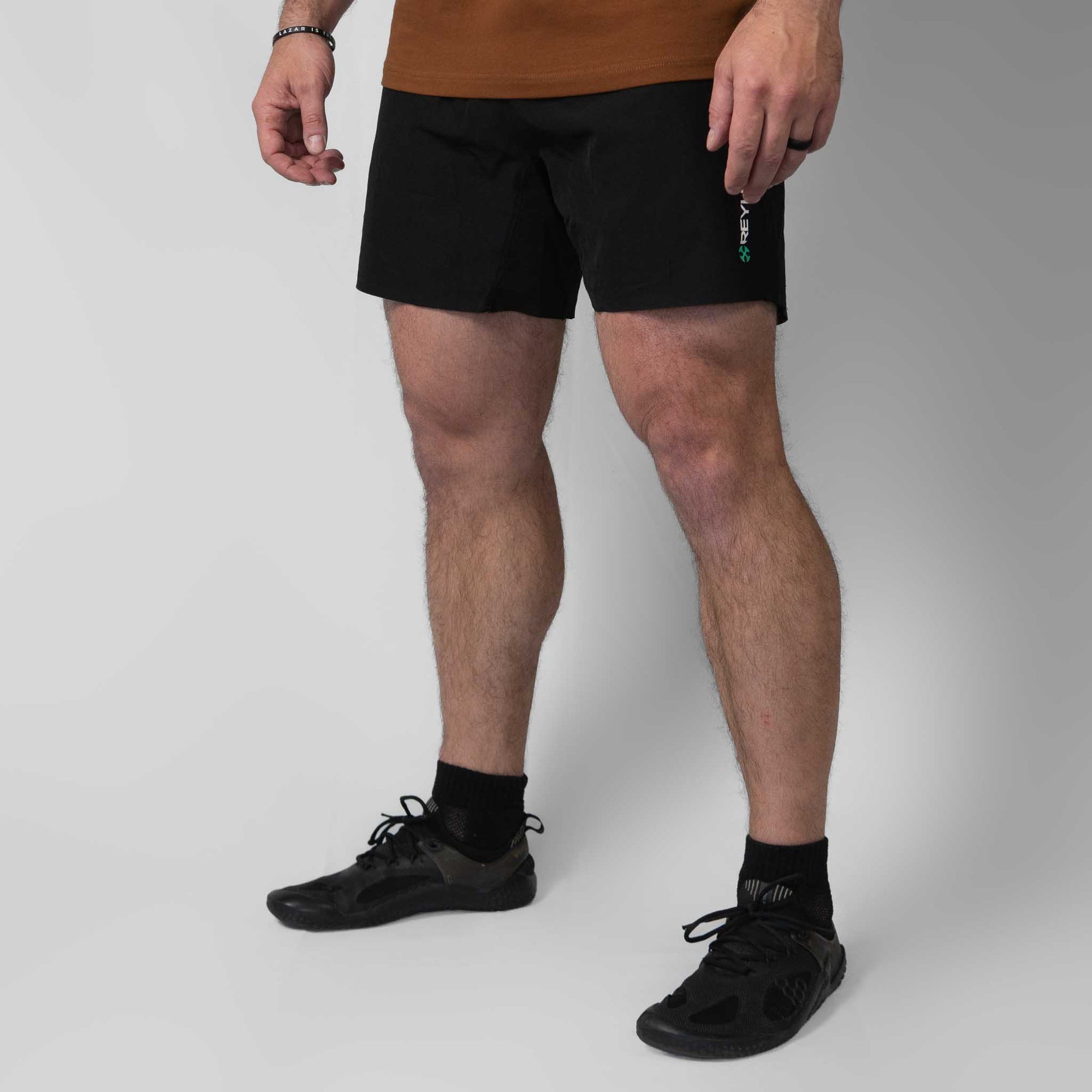 black reyllen element crossfit gym workout shorts for men 5 inch angle 2