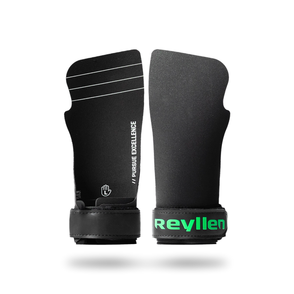 Pair of Reyllen Seal Pro Grips 5 in black, the front face printed with Pursue Excellence, on a Reyllen wrist cuff in green