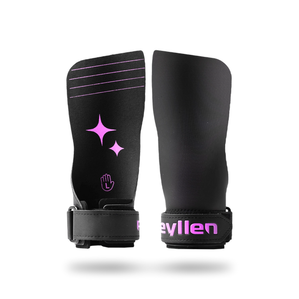 Pair of Reyllen Merlin Grips in black, the front face carrying a violet star emblem, on a Reyllen wrist cuff in violet