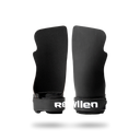 Pair of Reyllen Seal Grips 5 in black, fingerless gymnastic hand grips shown front and reverse on white Reyllen wrist cuffs