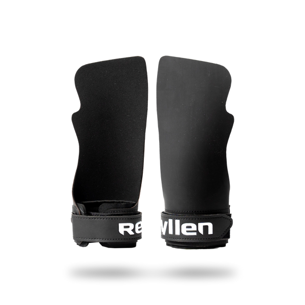 Pair of Reyllen Seal Grips 5 in black, fingerless gymnastic hand grips shown front and reverse on white Reyllen wrist cuffs