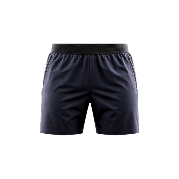 Reyllen Element Short in navy, laid flat front on, showing the elasticated waistband and side seam pockets