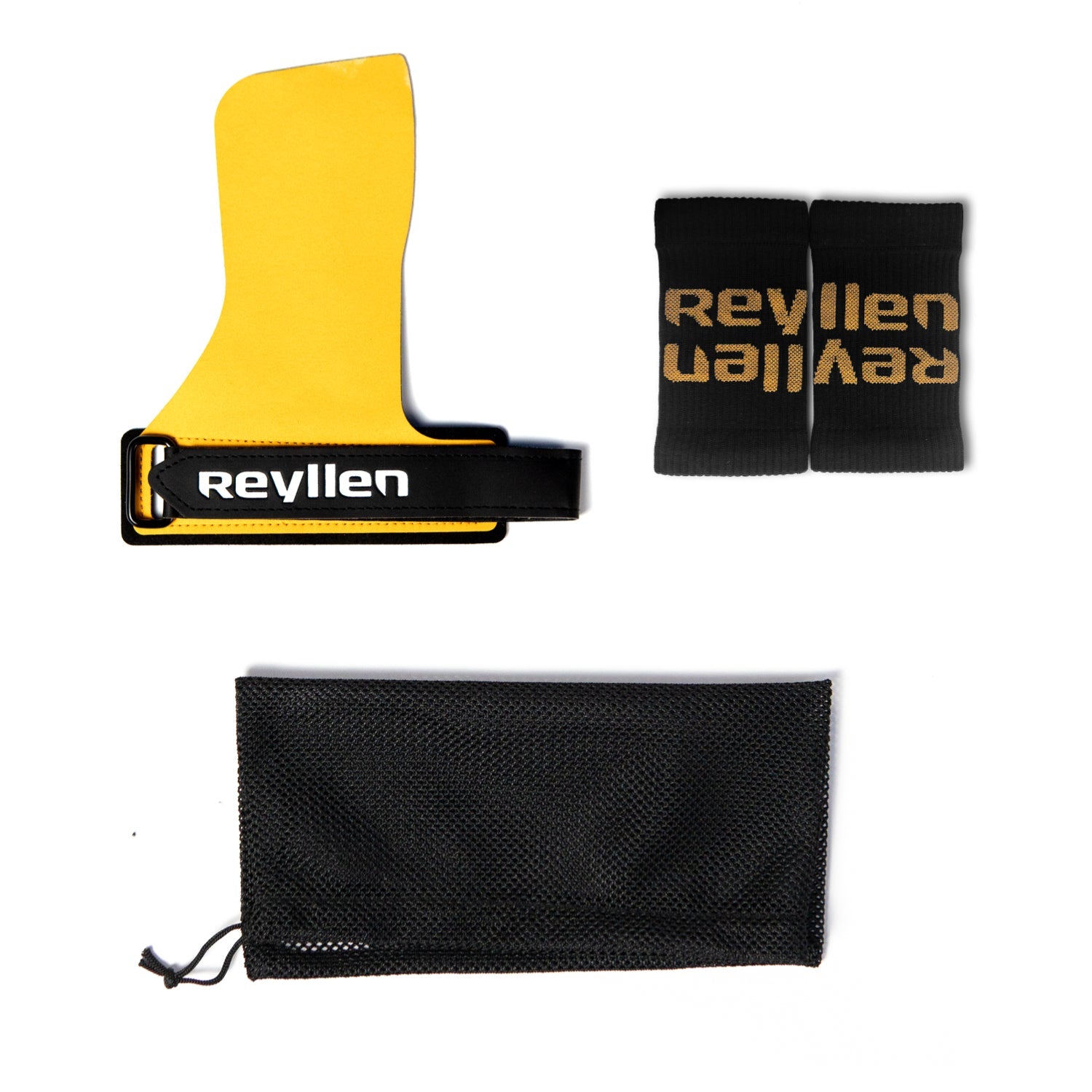 Reyllen BumbleBee gymnastic hand grips for crossfit yellow on white background package contents