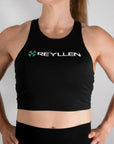 reyllen ladies racerback train top with built in bra black front view worn by woman
