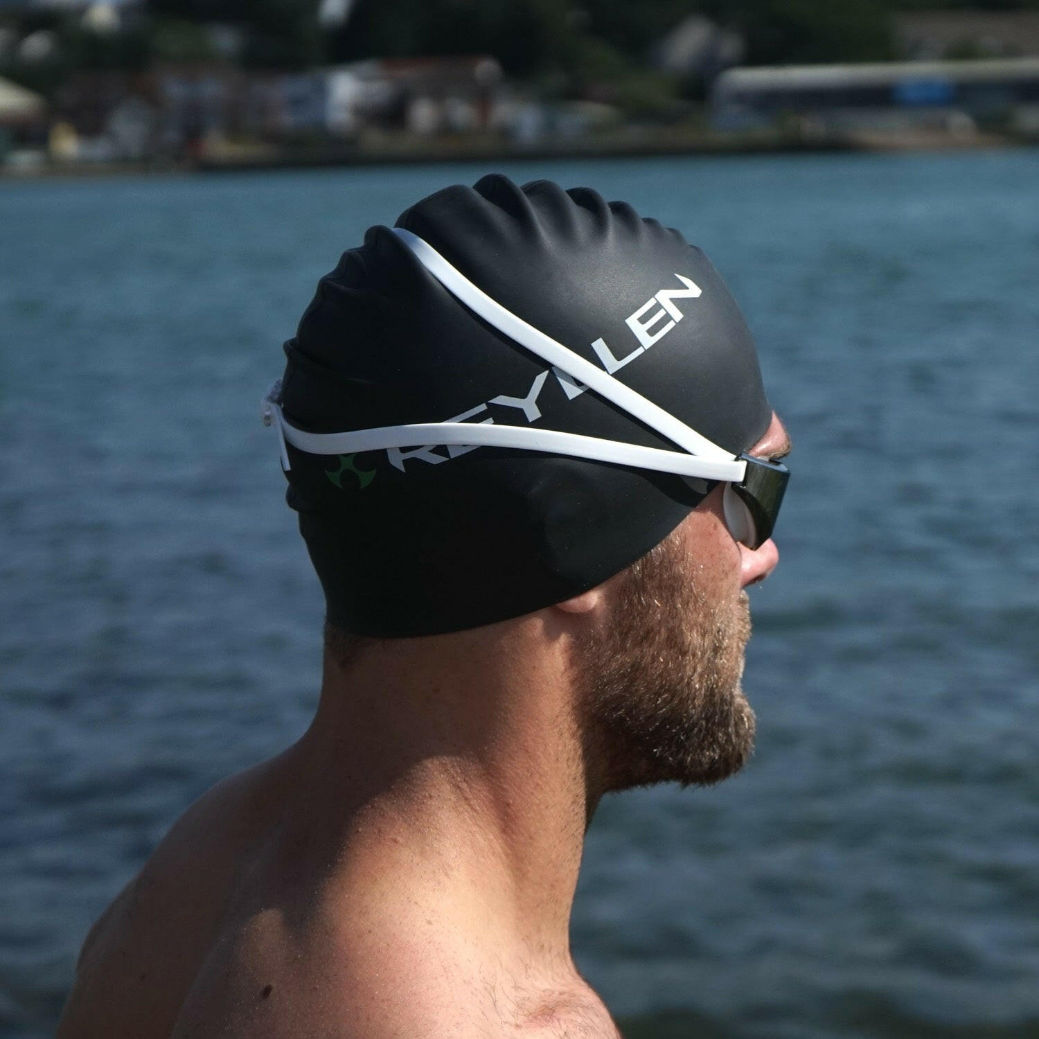 reyllen classic style black swim cap closeup