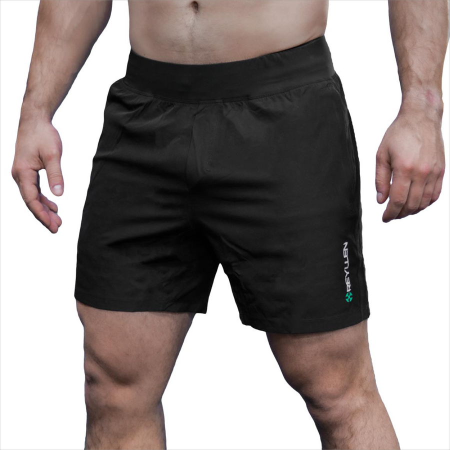 reyllen x1 mens stretchy nylon black workout wod shorts for crossfit worn on man