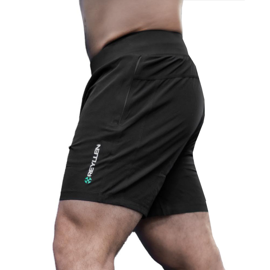 reyllen x1 mens stretchy nylon black workout wod shorts for crossfit side view