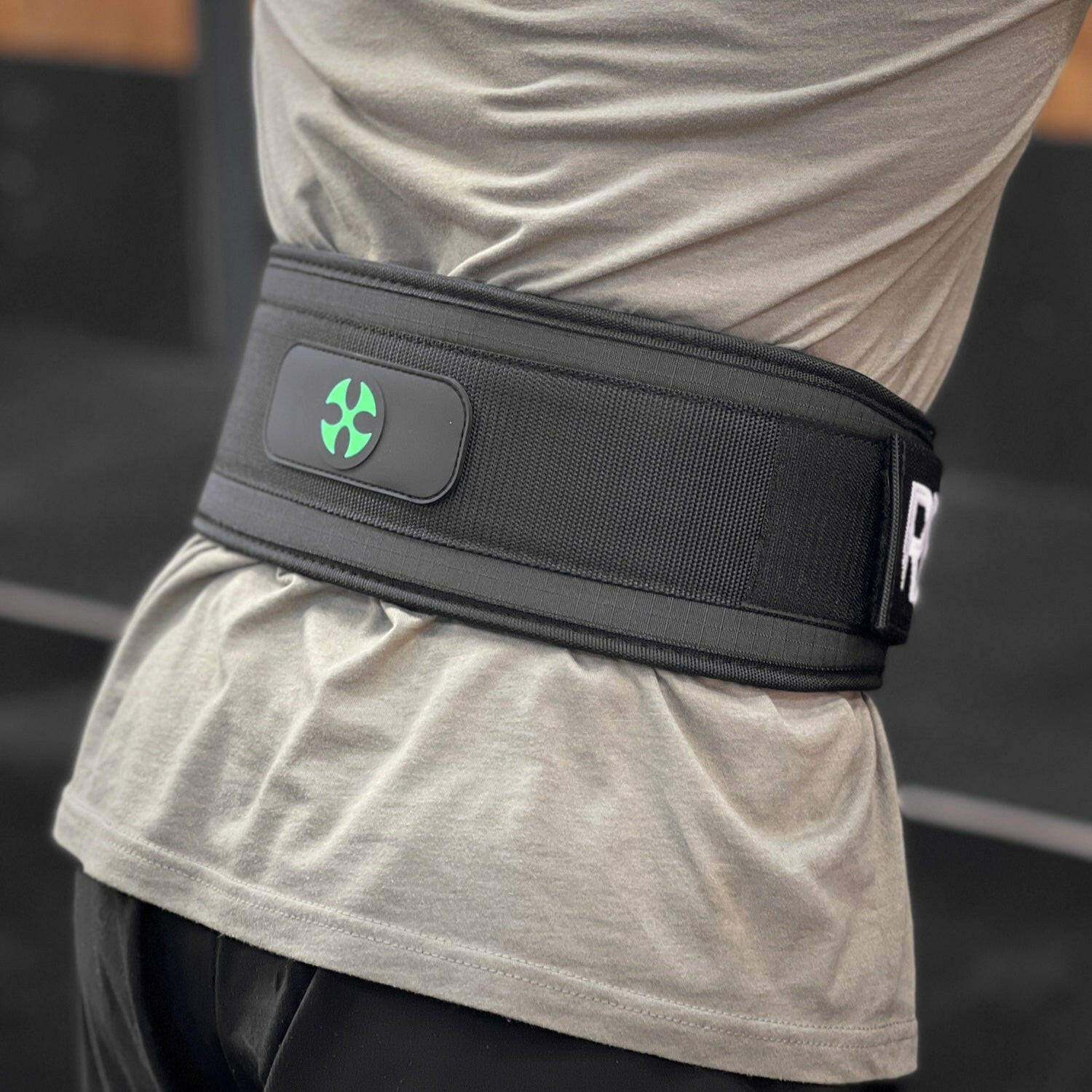 Reyllen X-Prime Crossfit foam core weightlifting belt 5" taper black worn by man back view