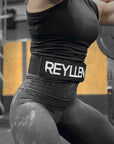 Reyllen X-Prime Crossfit foam core weightlifting belt 5" taper black worn by woman 
