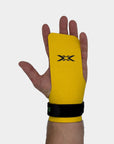 Reyllen BumbleBee X3 Fingerless CrossFit Gymnastic Hand Pull Up Grips worn on hand single view