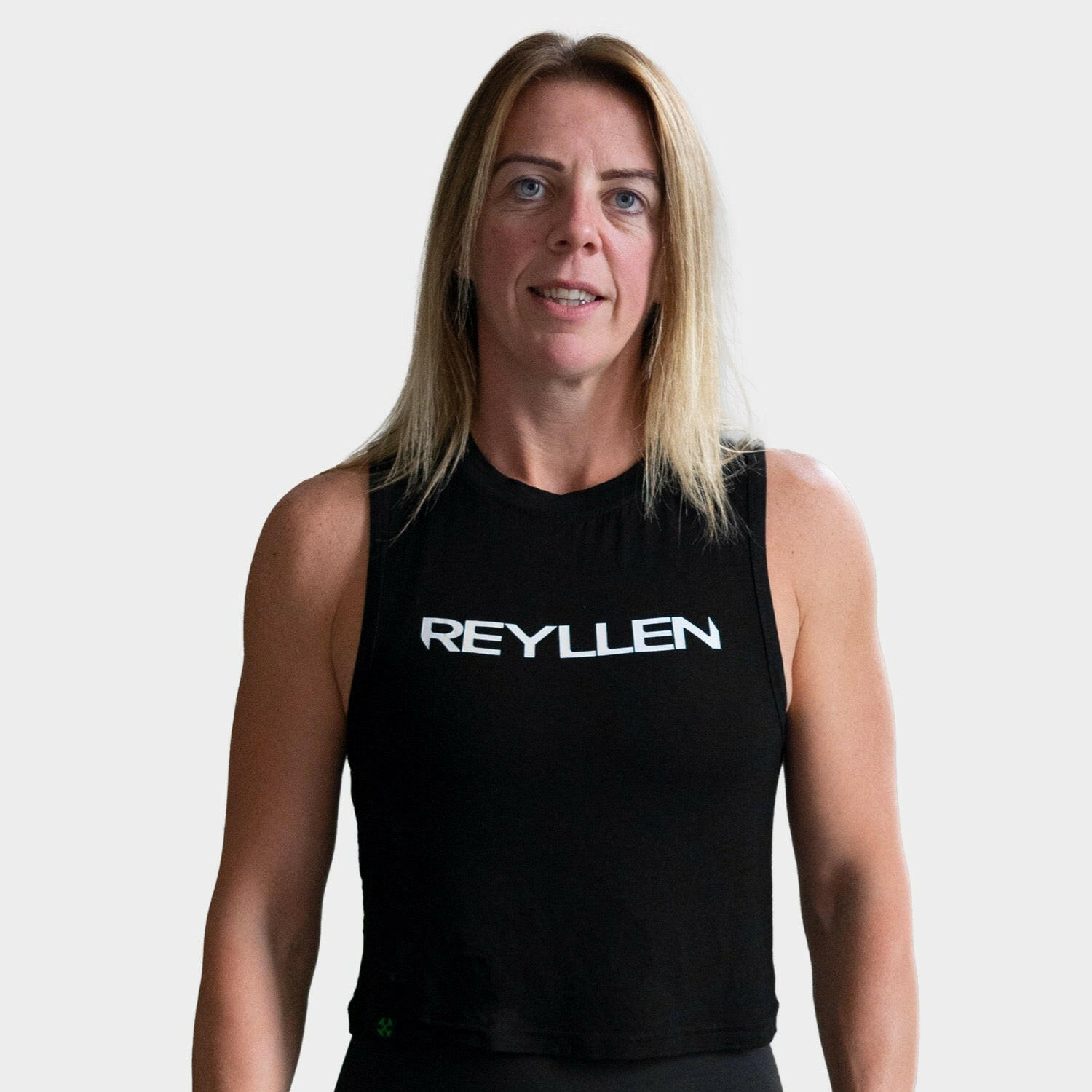 Reyllen m1 ladies flowy high neck workout crossfit vest tank top modelled by woman