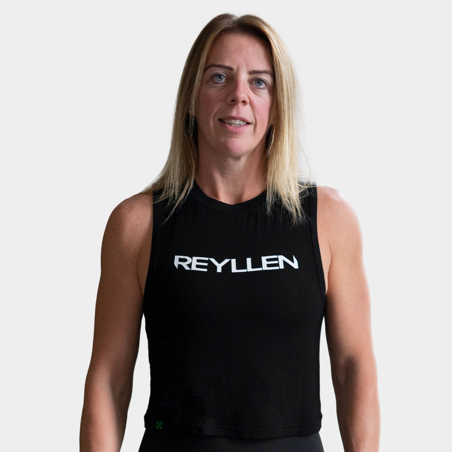 Reyllen m1 ladies flowy high neck workout crossfit vest tank top modelled by woman