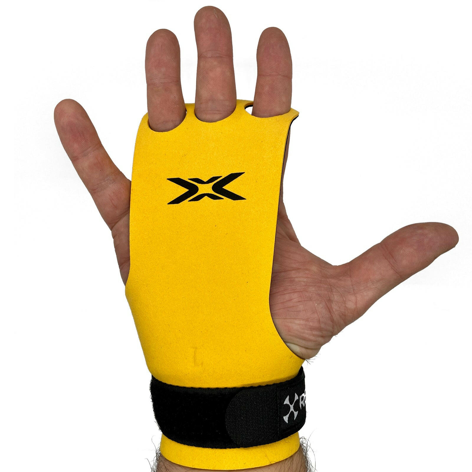 Reyllen BumbleBee X3 3-hole CrossFit Gymnastic Hand Grips worn on hand view single