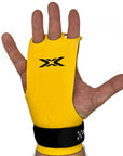 Reyllen BumbleBee X3 3-hole CrossFit Gymnastic Hand Grips worn on hand view single