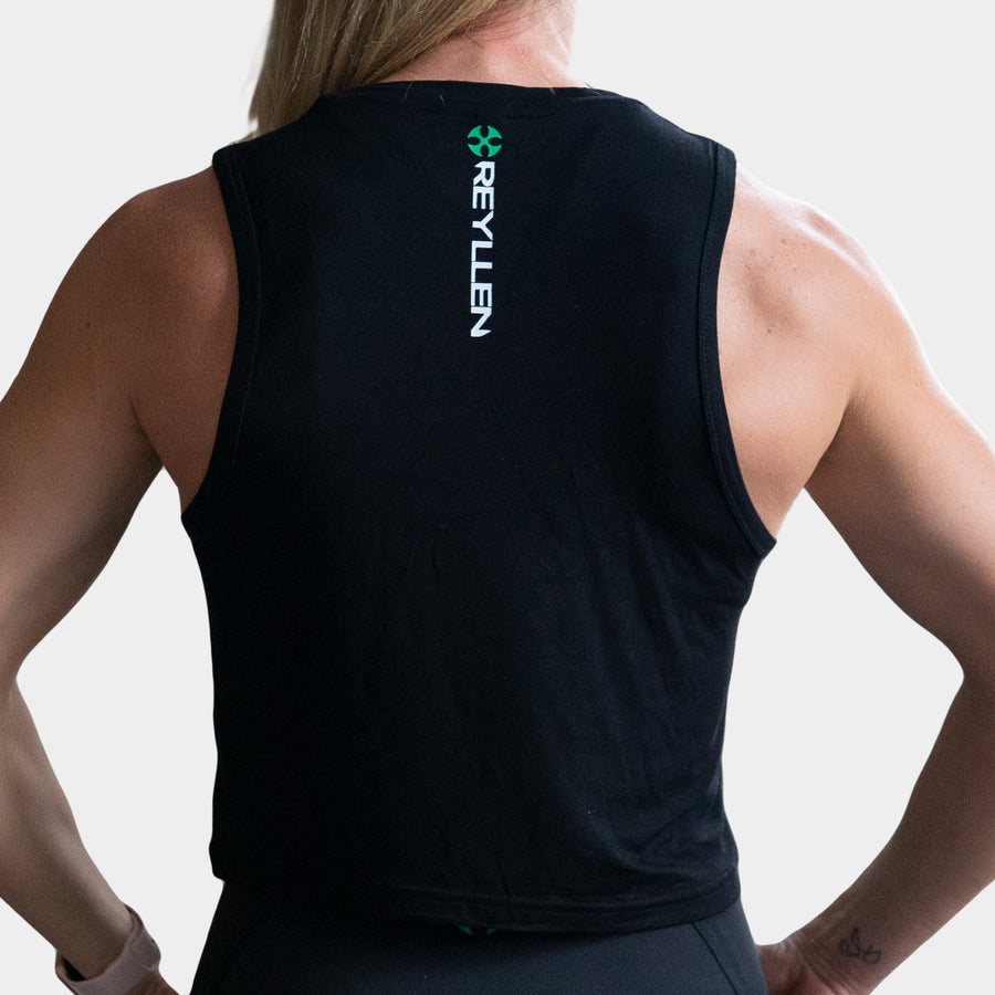 Reyllen m1 ladies flowy high neck workout crossfit vest tank top back logo view