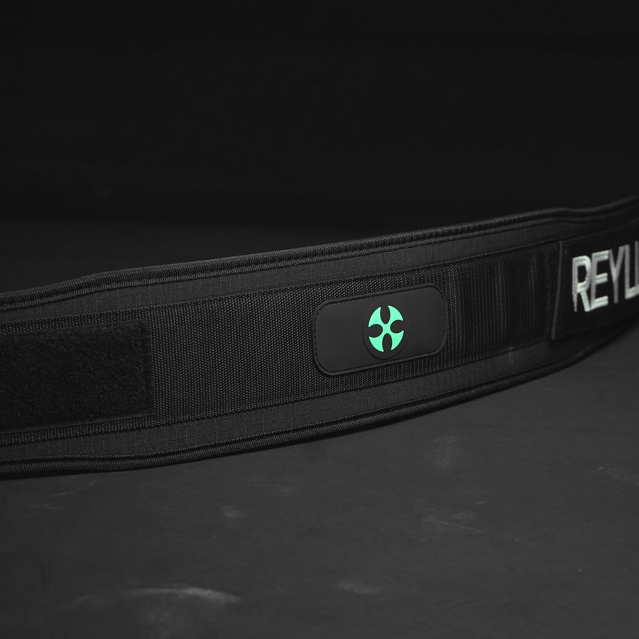 Reyllen X-Prime Crossfit foam core weightlifting belt 5" taper  black logo view