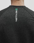 Reyllen m1 t-shirt. Polyester raglan style charcoal black mens modelled by man back logo detail view