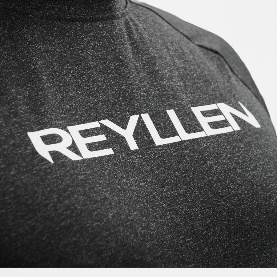 Reyllen m1 t-shirt. Polyester raglan style charcoal black mens  front logo detail shot
