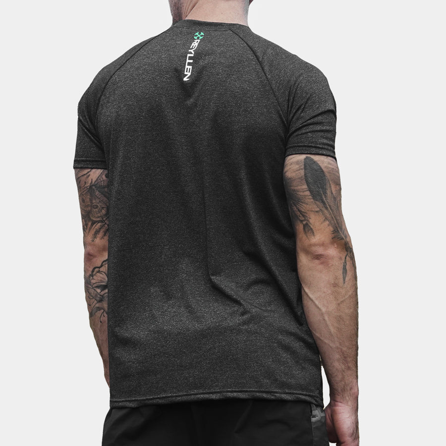Reyllen m1 t-shirt. Polyester raglan style charcoal black mens modelled by man back view